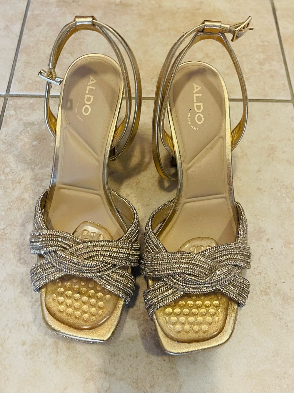 ALDO Sparkling Gold 4.5” High Heels Strappy Platform Heeled Sandal Size 8